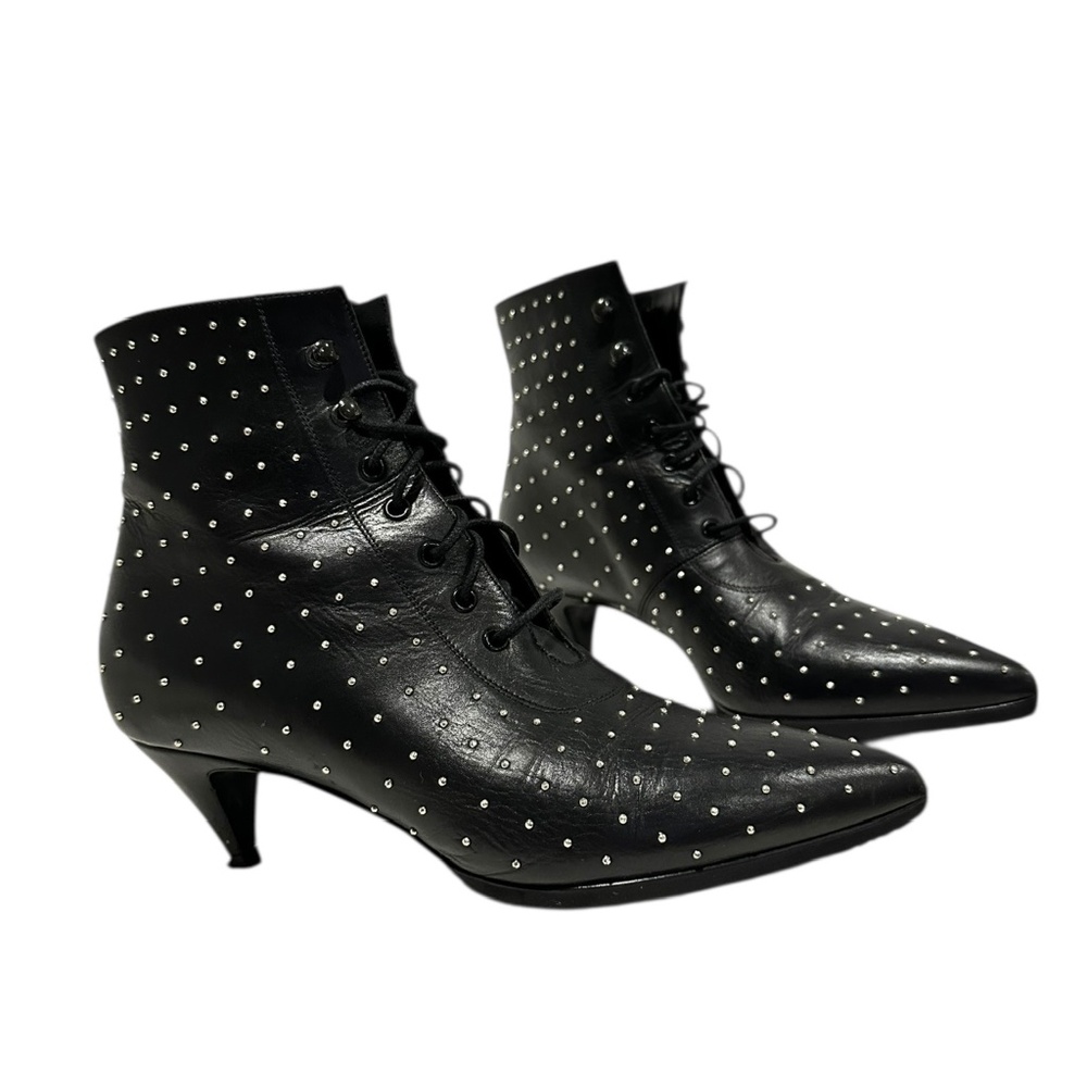Genuine SAINT LAURENT Charlotte Lace up Black Leather Studded Booties 35 5
